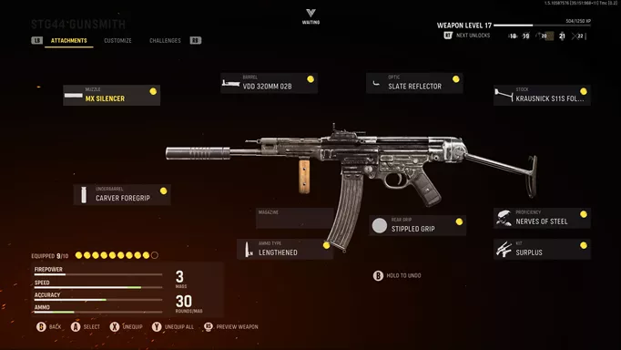A STG44 loadout with text of attachments.
