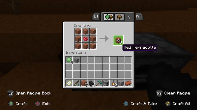 The recipe on how to dye Terracotta in Minecraft.
