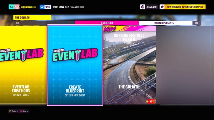 A menu with a "Create Blueprint" option in Event Lab
