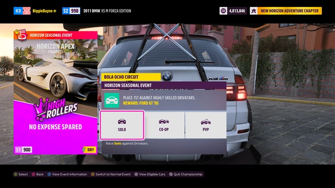Forza Horizon 5 high rollers challenge menu.