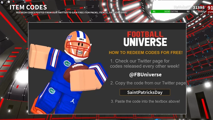 How to redeem codes in Roblox, Football Universe