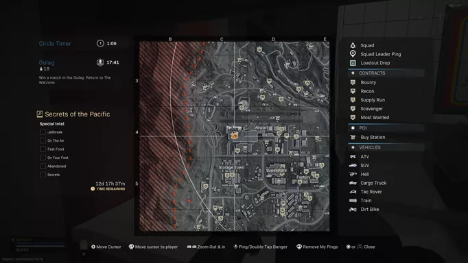 Secrets of the Pacific Warzone locations shown on a map.