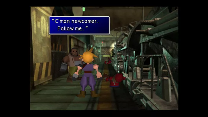 Cloud meeting Barret in Final Fantasy VII Remastered