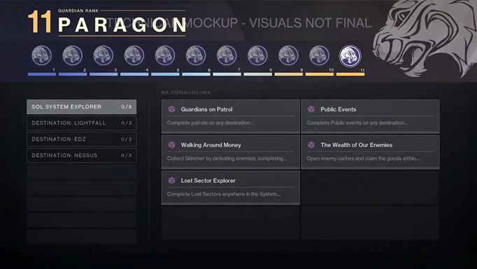Destiny 2 Guardian Ranks explained - Rank 11 Paragon with challenges.