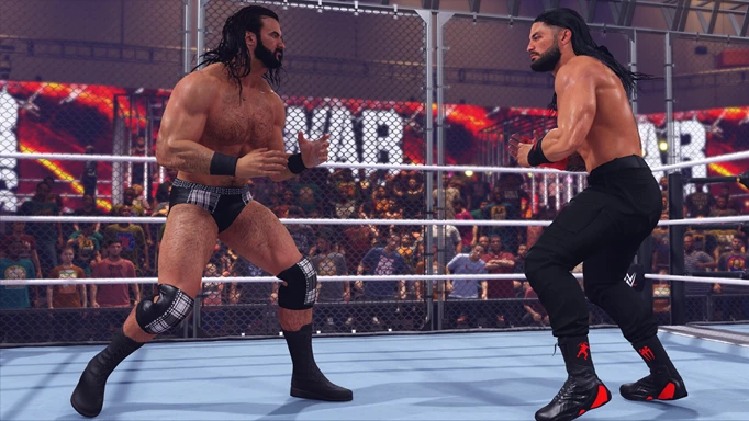 WWE 2K23 screenshot showing two wrestlers preparing to grapple