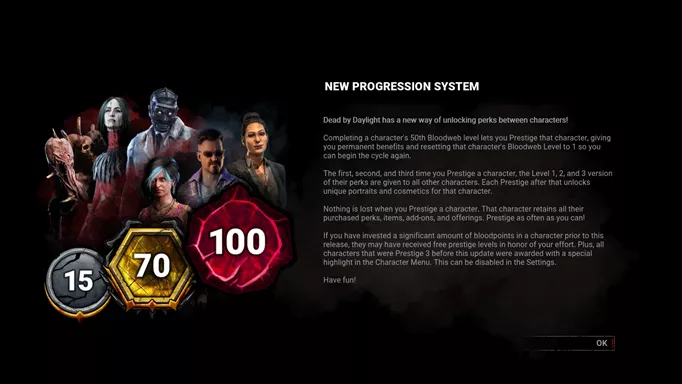 The screen that appears when logging into the game after the new patch, which explains the changes to the progression system