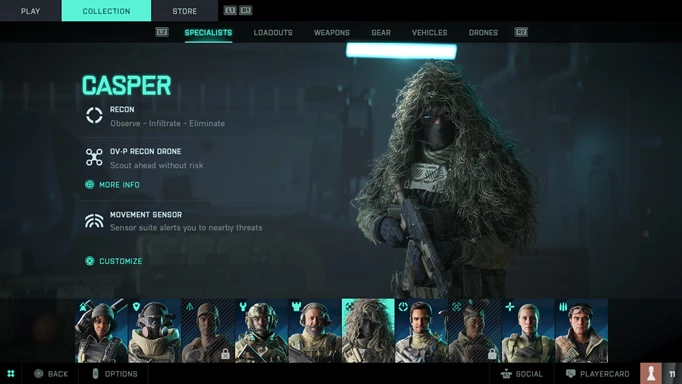 A soldier named Casper stands in a ghillie suit, with his abiltiies listed on his left.