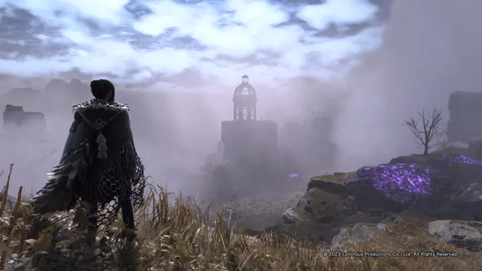 Forspoken Review: A shot of Frey from behind looking onto the landscape of Athia.