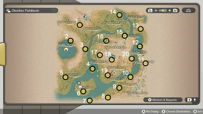 Pokemon Legends Arceus Wisp Locations: map of Obsidian Fieldlands