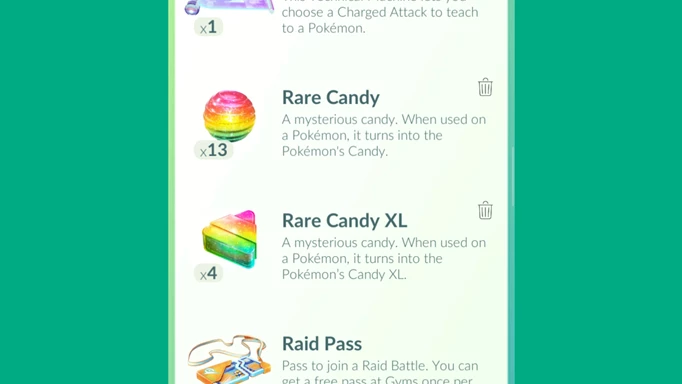 rare candy and rare candy XL in the item bag in Pokemon GO