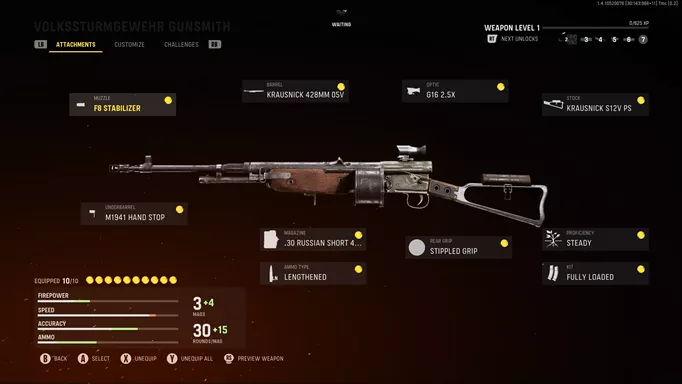 A Volk loadout with text of attachments.